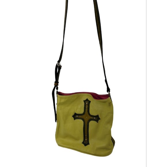 Leather Purse with Studded Religious Cross Crossbody Bag Chartreuse Yellow - Picture 3 of 13